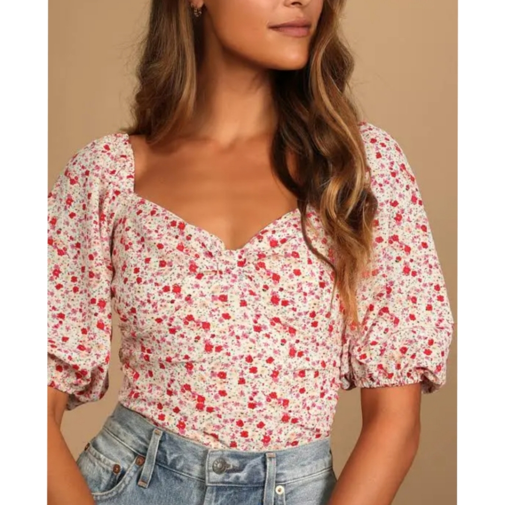Lulus Ivory Floral Print Puff Sleeve Ruched Bodysuit